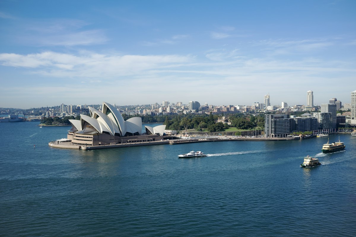 Sydney Opera House on the harbour under a clear blue sky