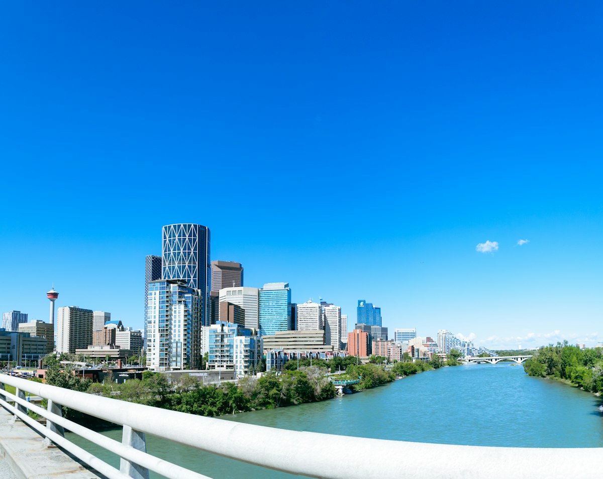 Calgary downtown skyline and Bow River from a bridge