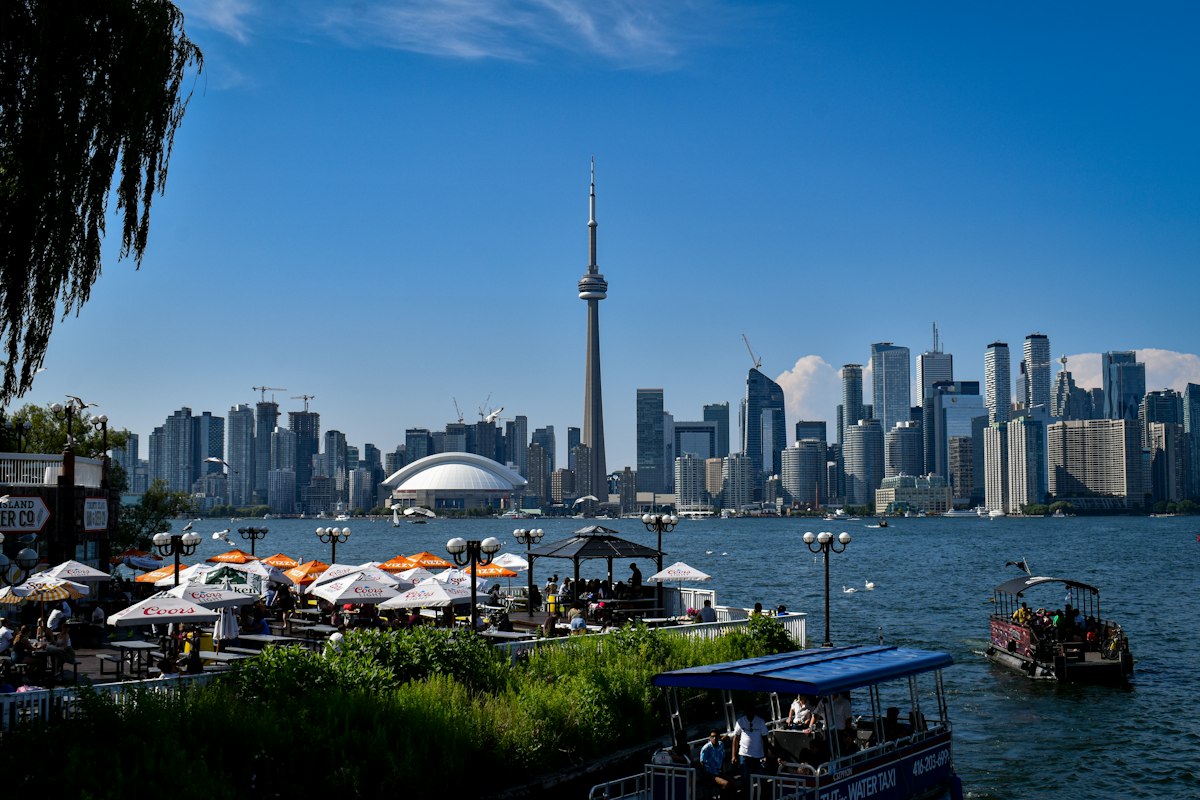 Toronto skyline across the water with the CN Tower