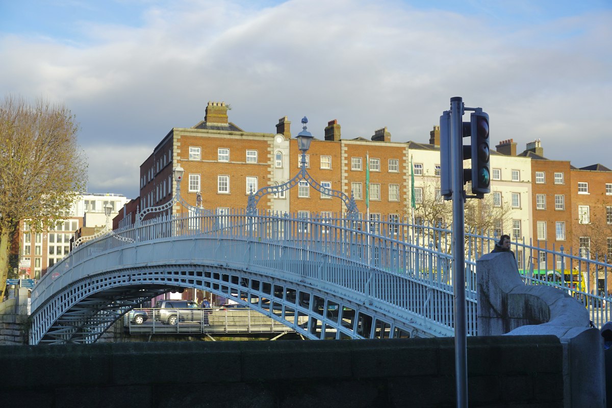 Ha’penny Bridge over the Liffey with Georgian brick buildings beyond