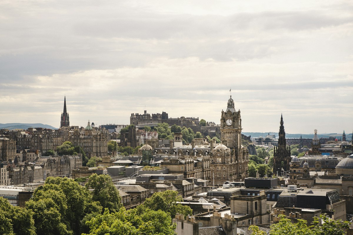 Edinburgh Castle and Old Town skyline with the Balmoral clock tower