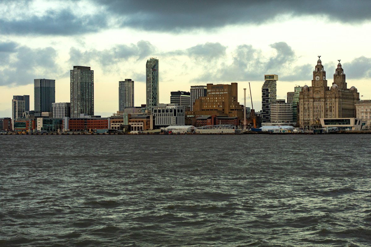 Liverpool waterfront skyline across the Mersey with the Royal Liver Building